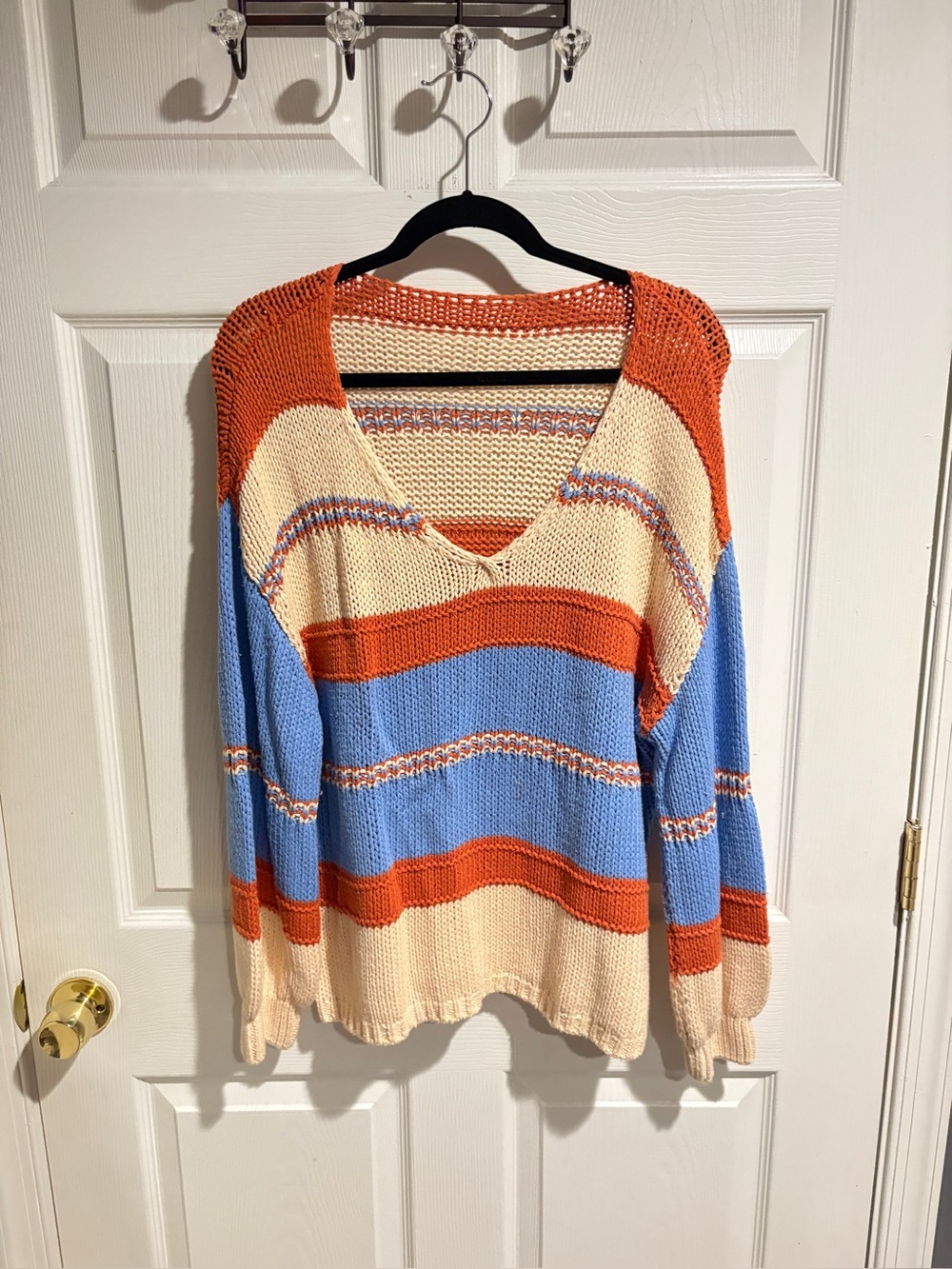 V-Neck Striped Knit Sweater in Cream, Blue & Orange